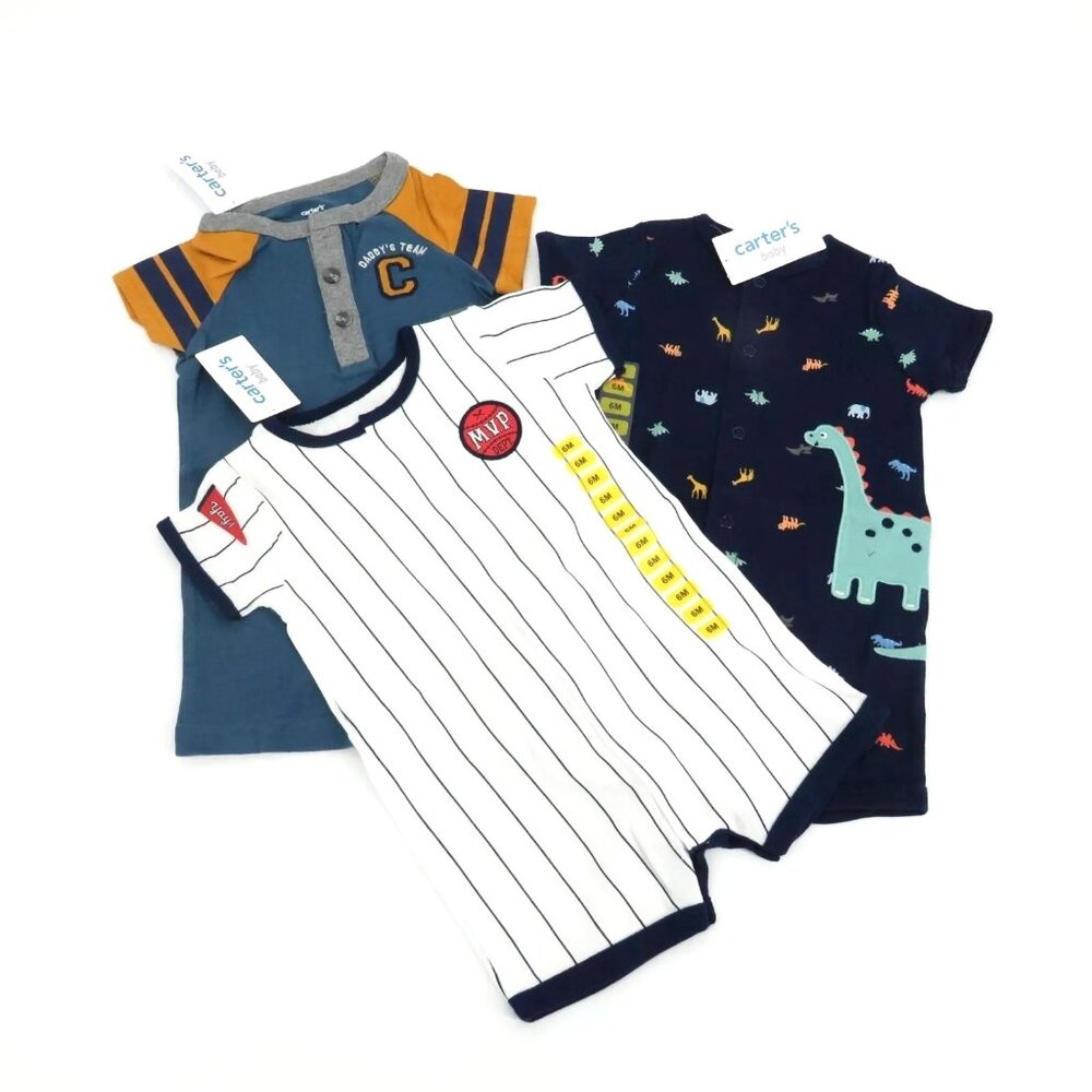 Carters Baby Boys Dinosaur & Sports Theme Rompers Set 3 Pack Size 6M $50